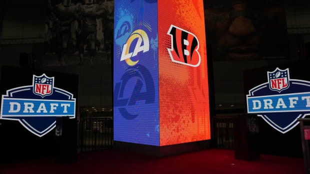 Feb 7, 2022; Los Angeles, CA, USA; Los Angeles Rams and Cincinnati Bengals loos are seen at the NFL Draft exhibit at the Super Bowl LVI Experience at the Los Angeles Convention Center. Mandatory Credit: Kirby Lee-USA TODAY Sports